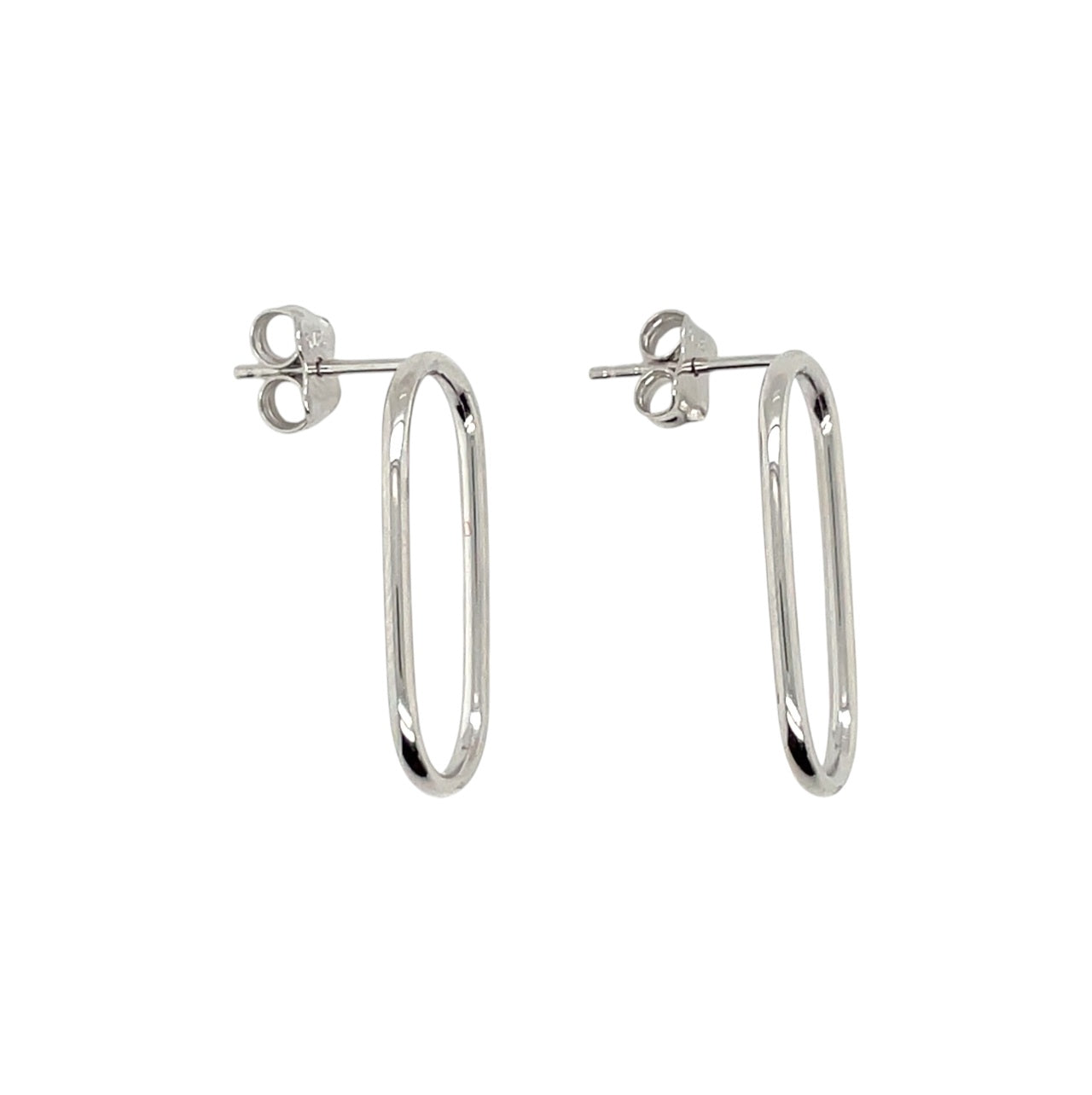 9ct White Gold Tube Long Open Oval Stud Earrings
