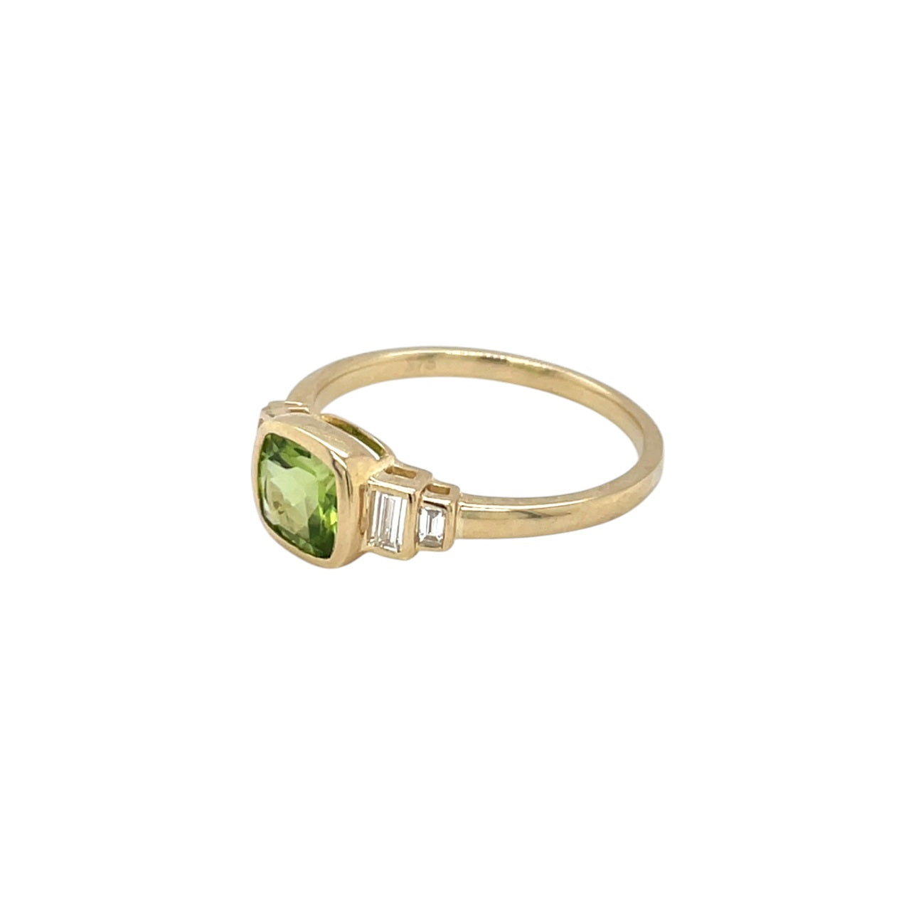9ct Yellow Gold 6mm Cushion Cut Peridot & Baguette Diamond Stepped Shoulder Ring (N)