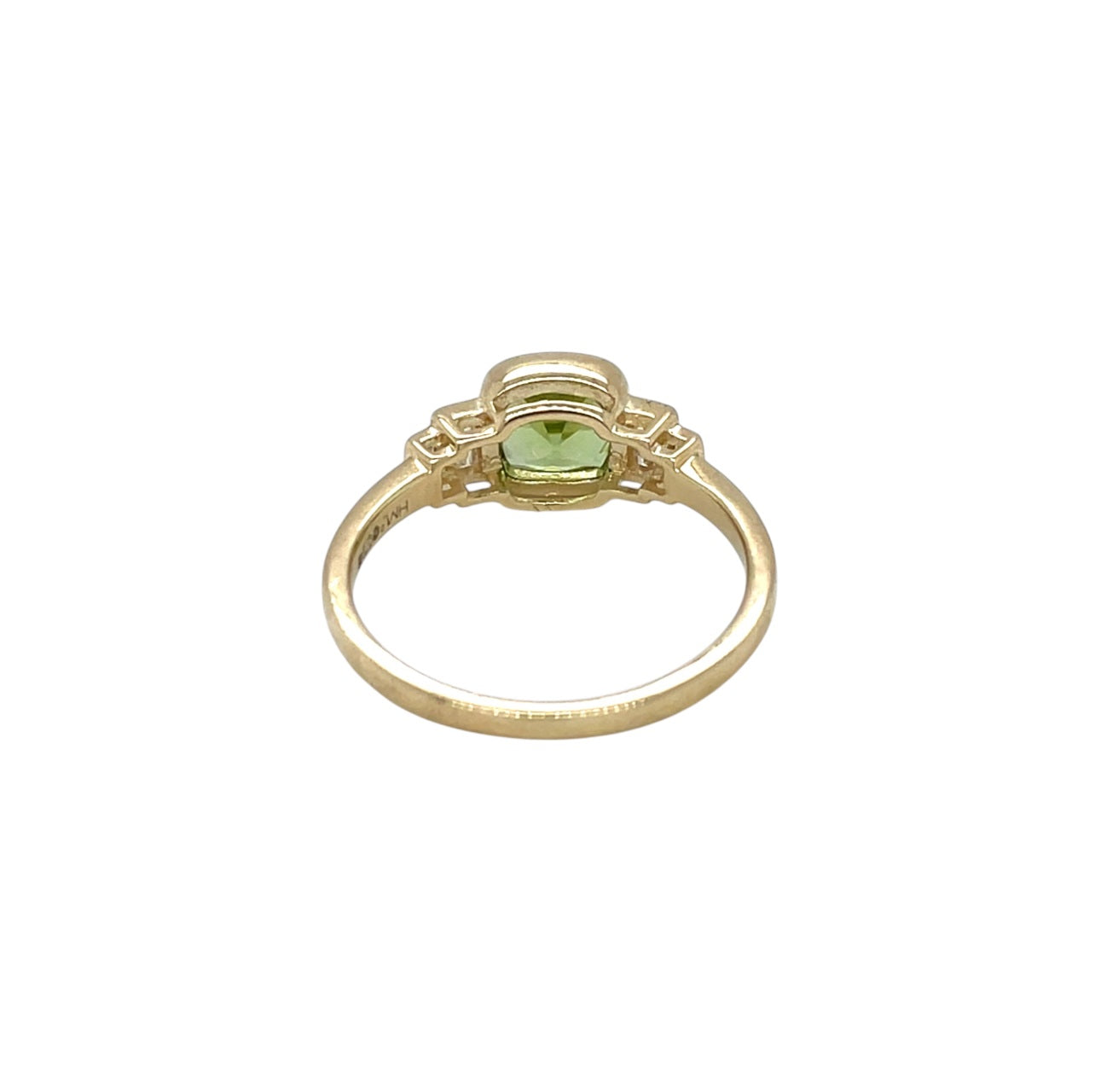 9ct Yellow Gold 6mm Cushion Cut Peridot & Baguette Diamond Stepped Shoulder Ring (N)