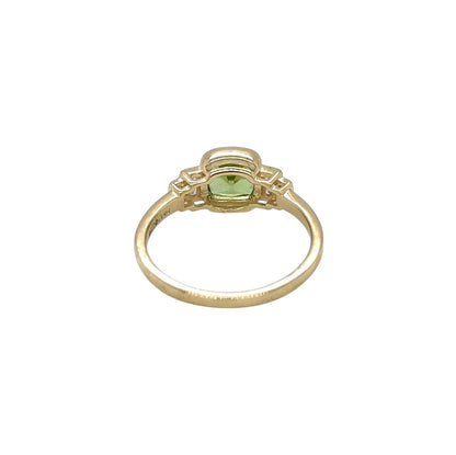 9ct Yellow Gold 6mm Cushion Cut Peridot & Baguette Diamond Stepped Shoulder Ring (N)