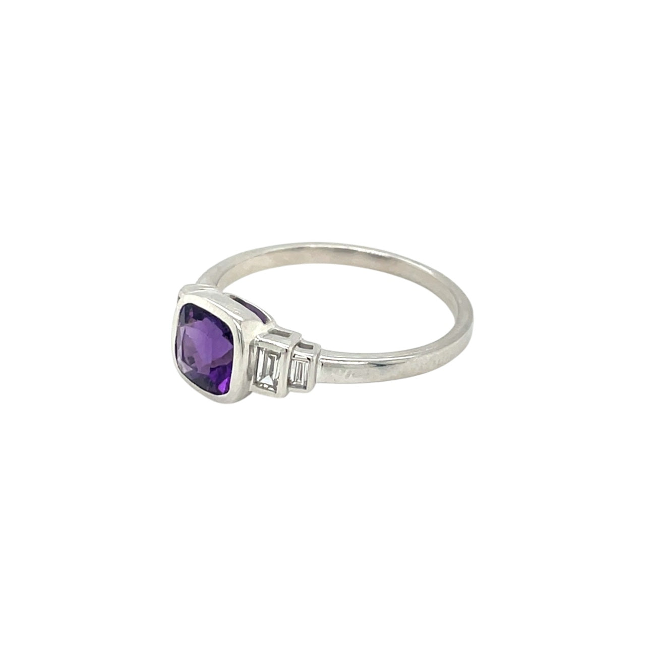 9ct White Gold 6mm Cushion Cut Amethyst & Baguette Diamond Ring (P)