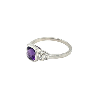 9ct White Gold 6mm Cushion Cut Amethyst & Baguette Diamond Ring (P)