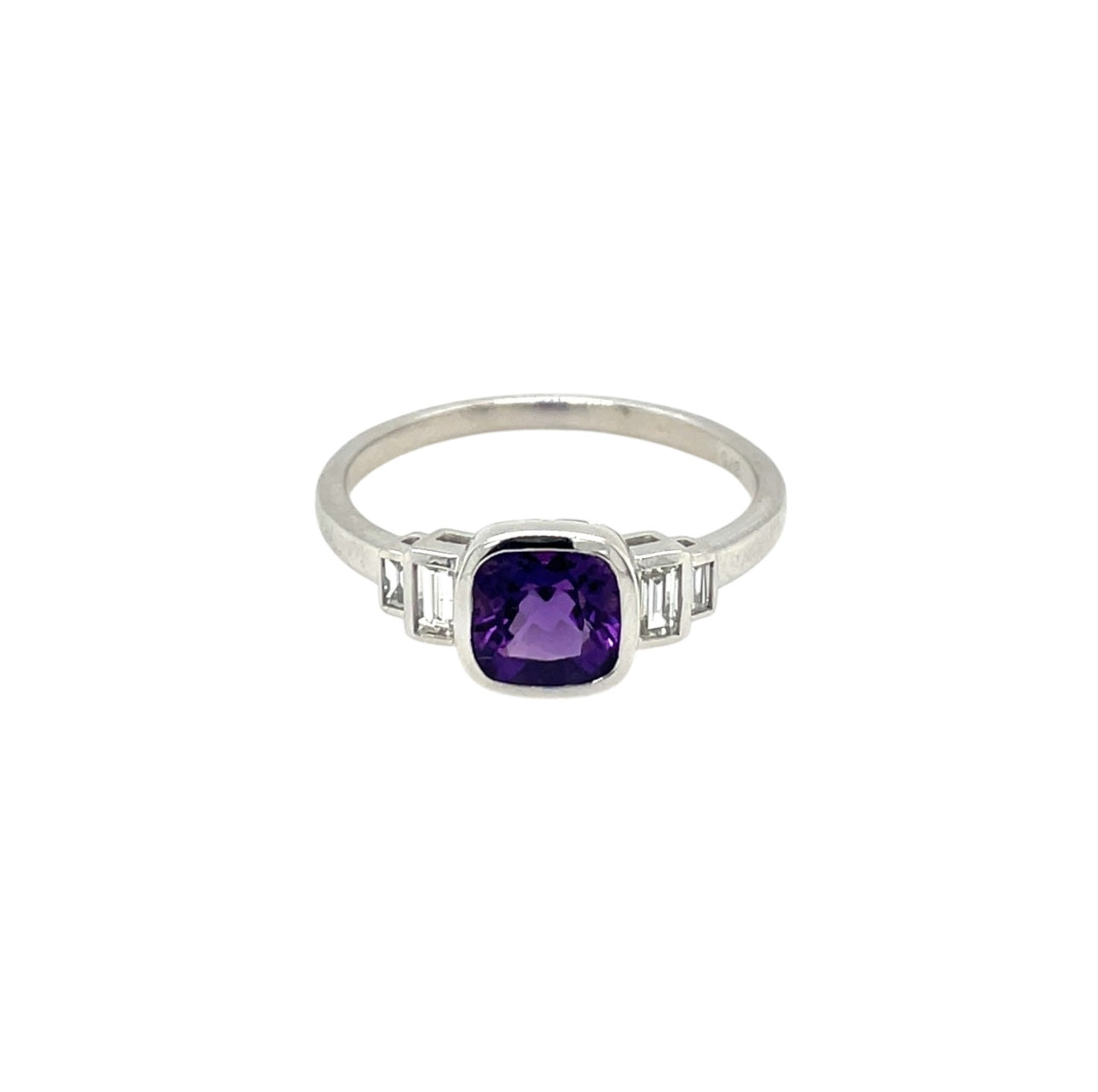 9ct White Gold 6mm Cushion Cut Amethyst & Baguette Diamond Ring (P)