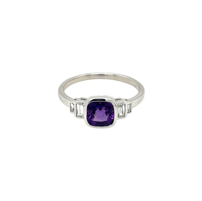 9ct White Gold 6mm Cushion Cut Amethyst & Baguette Diamond Ring (P)