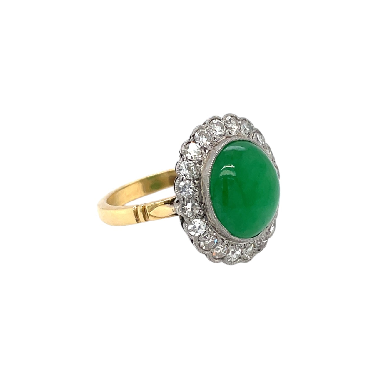 18ct Yellow Gold Jadeite Jade & Diamond Cluster Ring (M)