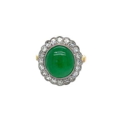 18ct Yellow Gold Jadeite Jade & Diamond Cluster Ring (M)