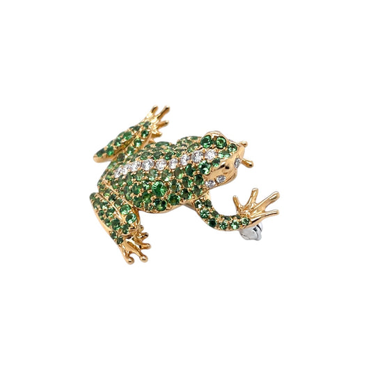 18ct Yellow Gold Diamond & Tsavorite Frog Brooch Pendant