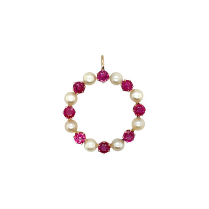 18ct Yellow Gold Ruby & Pearl Circular Pendant
