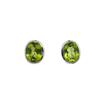 9ct White Gold Oval Peridot Rubover Stud Earrings