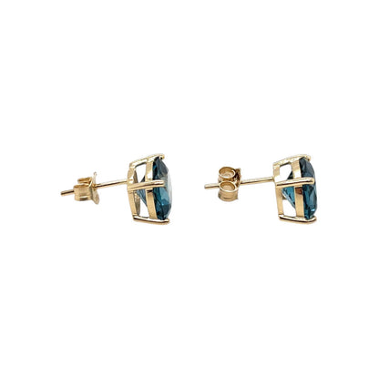 9ct Yellow Gold Cushion London Blue Topaz Claw Set Stud Earrings