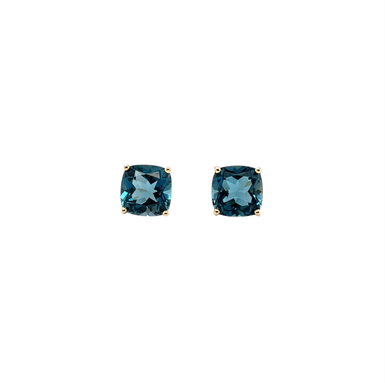 9ct Yellow Gold Cushion London Blue Topaz Claw Set Stud Earrings