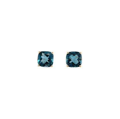 9ct Yellow Gold Cushion London Blue Topaz Claw Set Stud Earrings