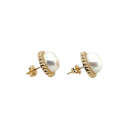 9ct Yellow Gold Textured Border Button Pearl Stud Earrings