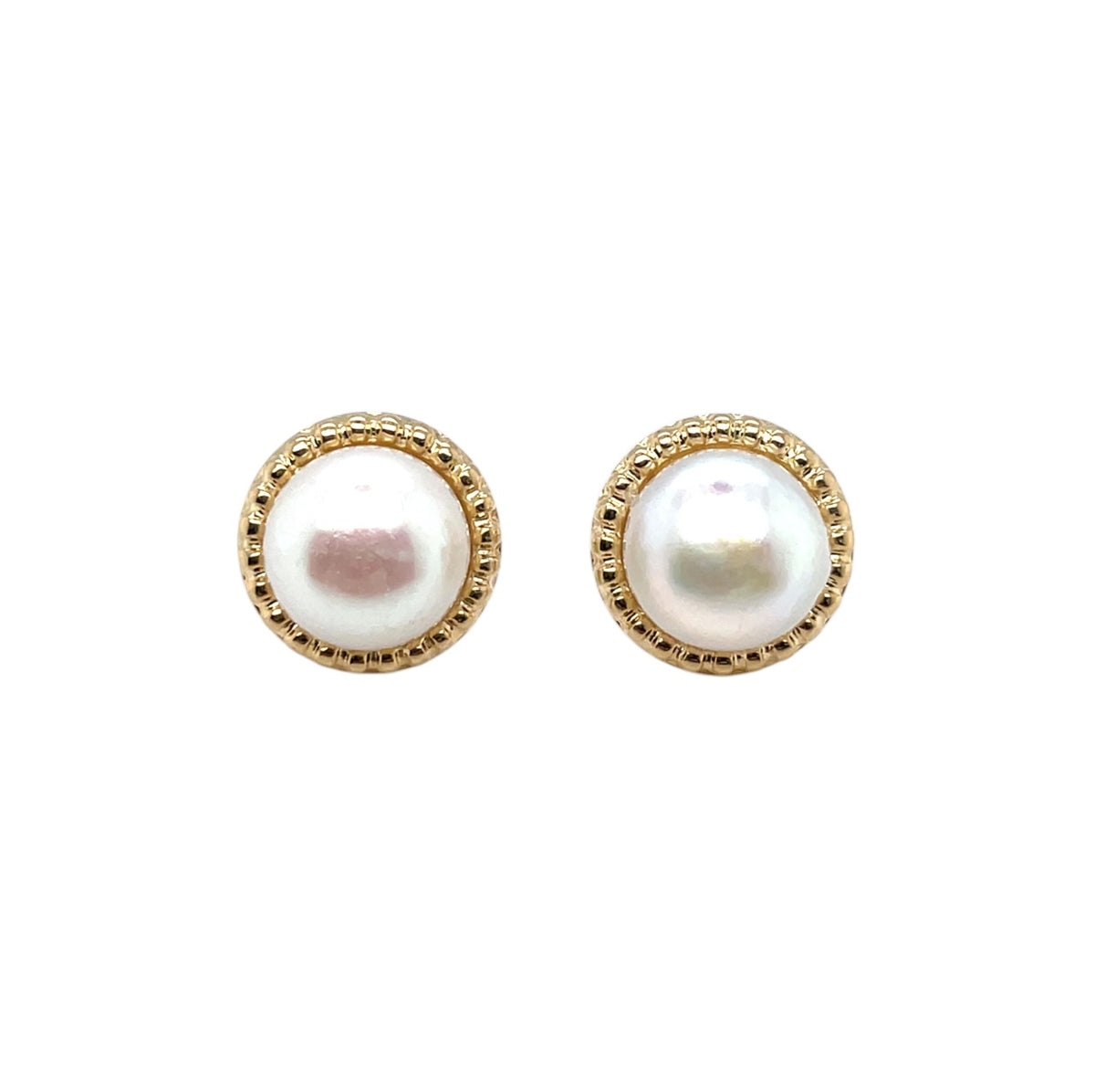 9ct Yellow Gold Textured Border Button Pearl Stud Earrings