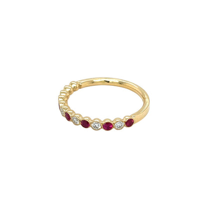 18ct Yellow Gold Ruby & Diamond Cup Set Millgrain Half Eternity Ring (N)