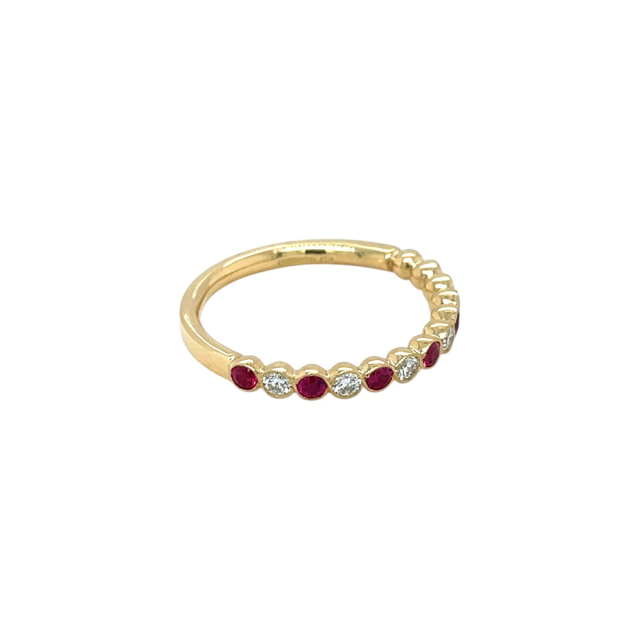 18ct Yellow Gold Ruby & Diamond Cup Set Millgrain Half Eternity Ring (N)