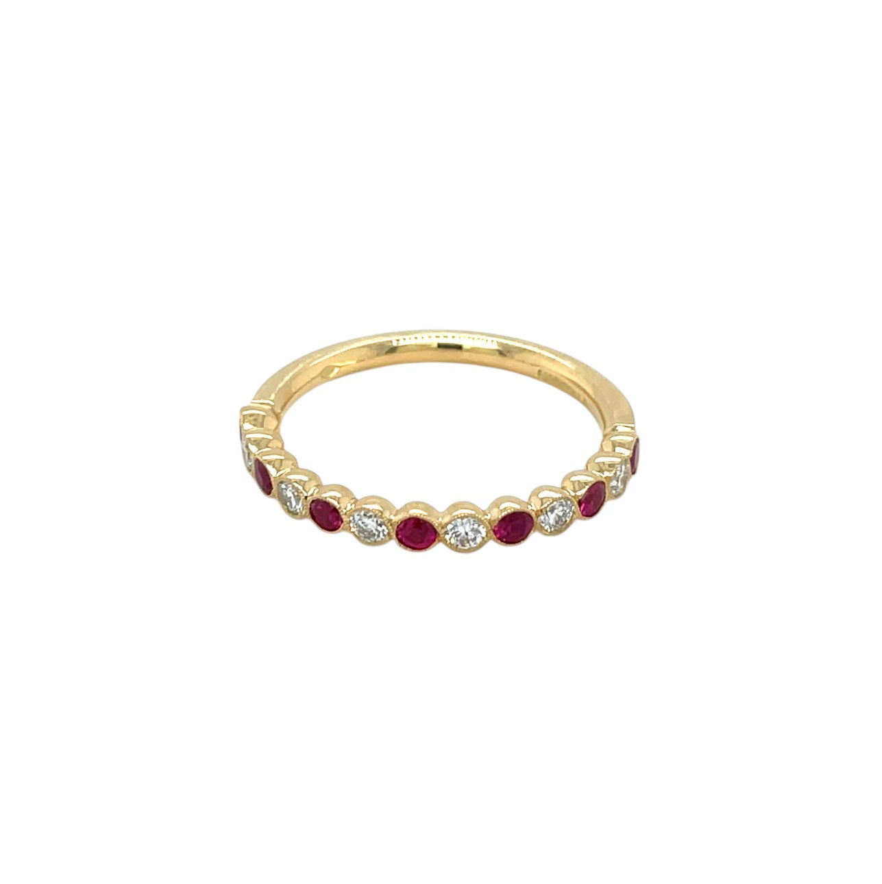 18ct Yellow Gold Ruby & Diamond Cup Set Millgrain Half Eternity Ring (N)