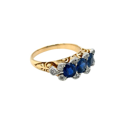 18ct Yellow Gold Sapphire & Diamond Three Stone Ring (P)