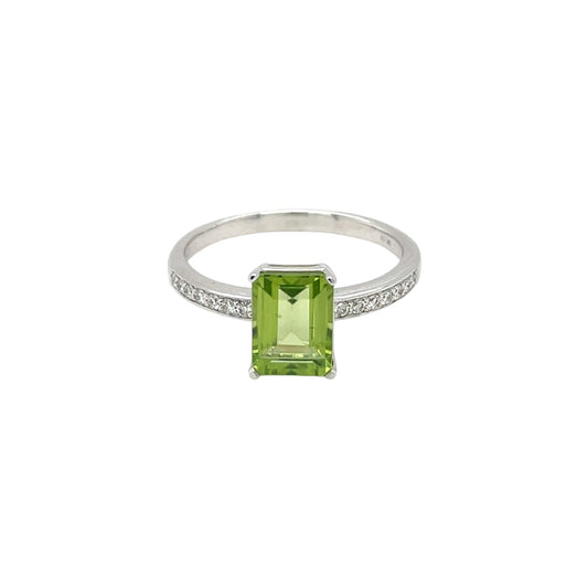 9ct White Gold Octagon Cut Peridot & Diamond Ring (N)