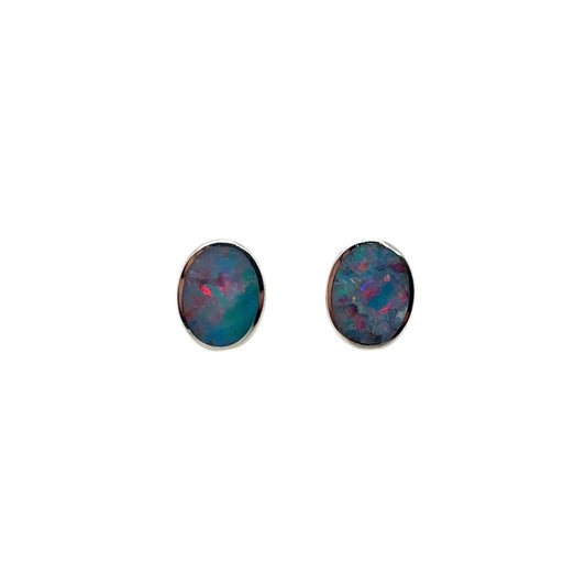 Silver Doublet Opal Stud Earrings