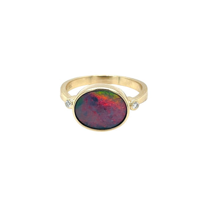 9ct Yellow Gold Doublet Opal & Diamond Ring (M1/2)