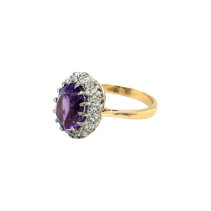18ct Yellow Gold Amethyst & Diamond Cluster Ring (L1/2)