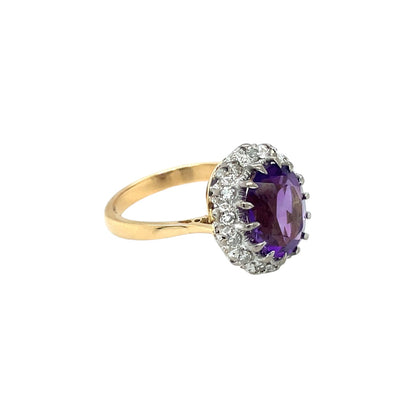 18ct Yellow Gold Amethyst & Diamond Cluster Ring (L1/2)