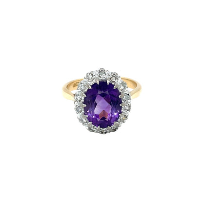 18ct Yellow Gold Amethyst & Diamond Cluster Ring (L1/2)