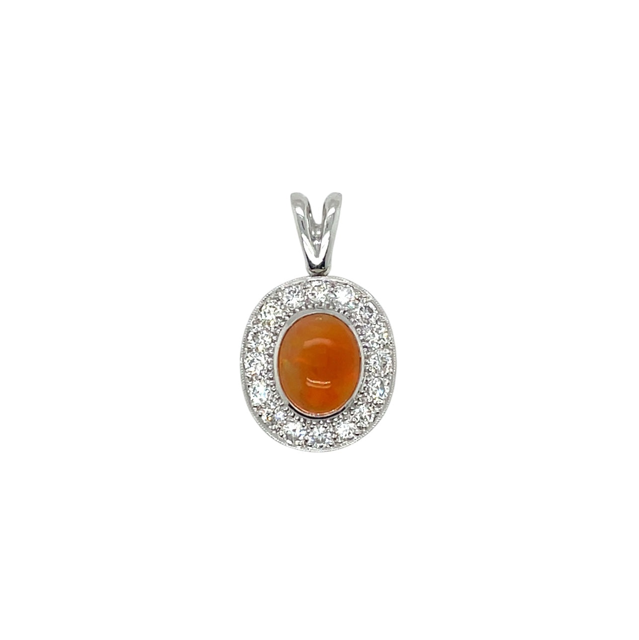 18ct White Gold Fire Opal & Diamond Pendant