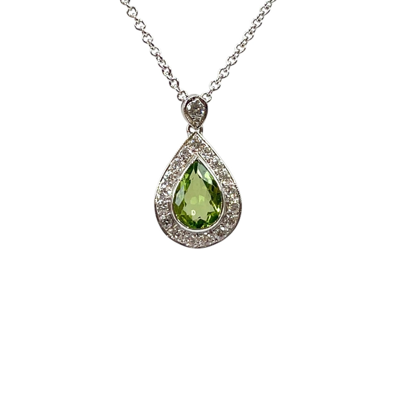 9ct White Gold Peridot & Diamond Pendant & Chain (18”)