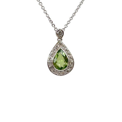 9ct White Gold Peridot & Diamond Pendant & Chain (18”)