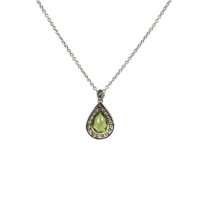 9ct White Gold Peridot & Diamond Pendant & Chain (18”)