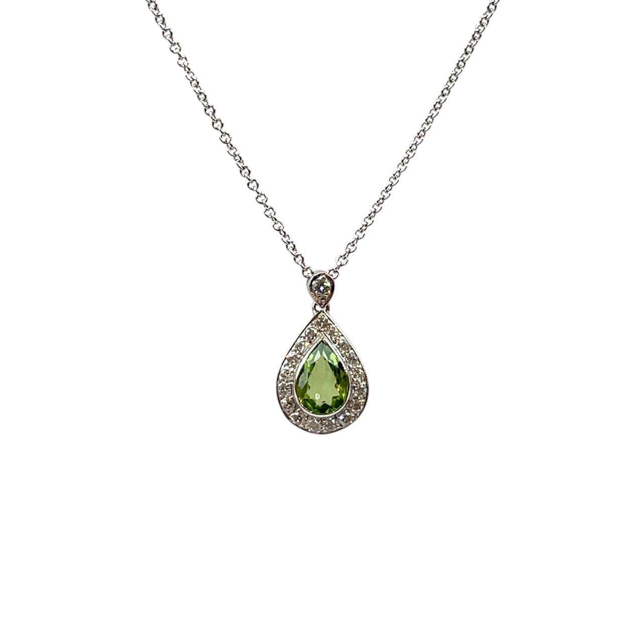 9ct White Gold Peridot & Diamond Pendant & Chain (18”)
