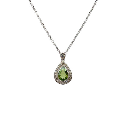 9ct White Gold Peridot & Diamond Pendant & Chain (18”)