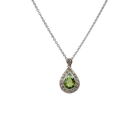 9ct White Gold Peridot & Diamond Pendant & Chain (18”)