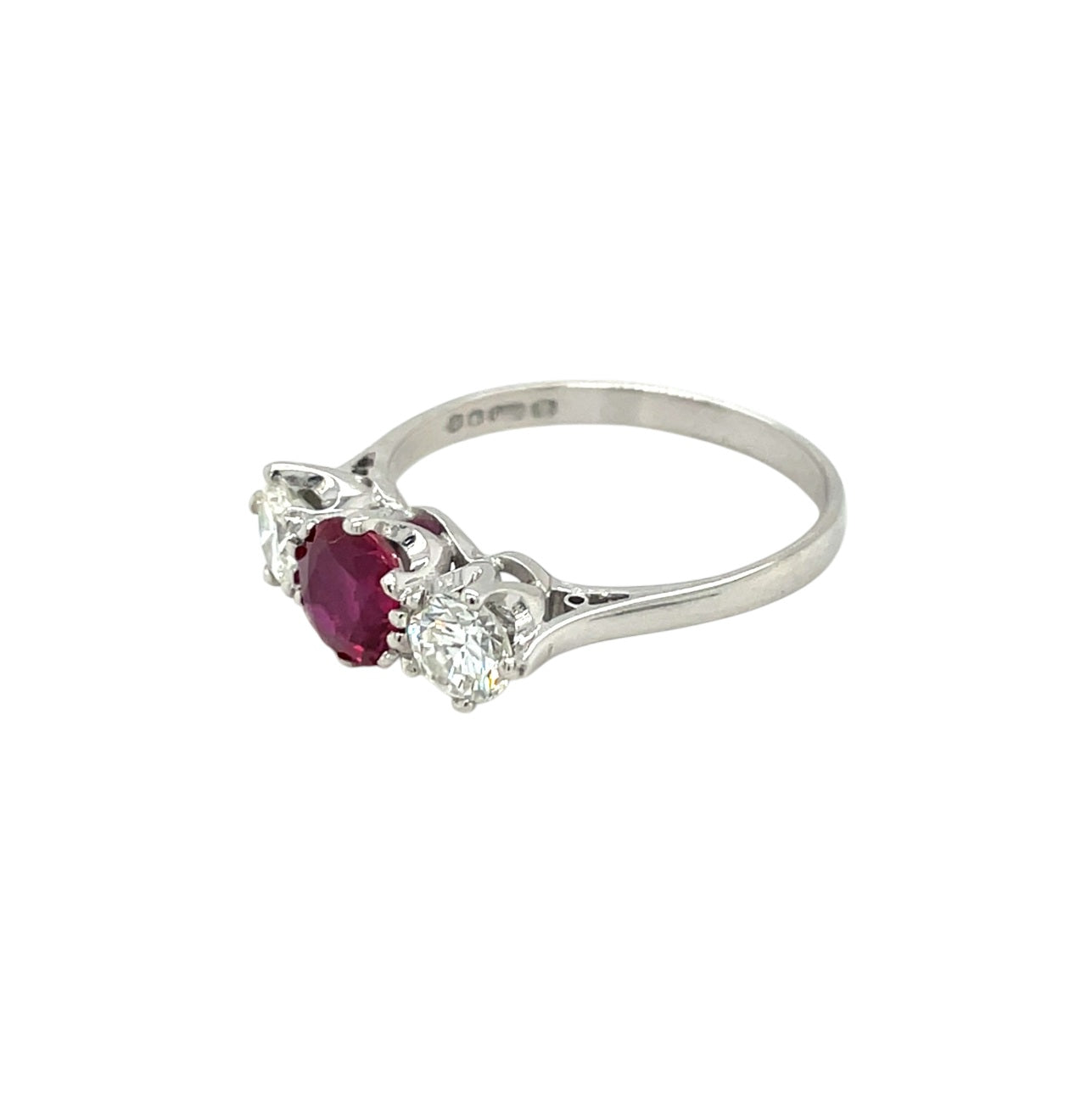 18ct White Gold Ruby & Diamond Three Stone Ring (Q)