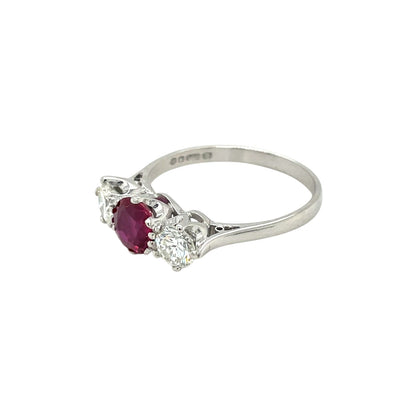18ct White Gold Ruby & Diamond Three Stone Ring (Q)