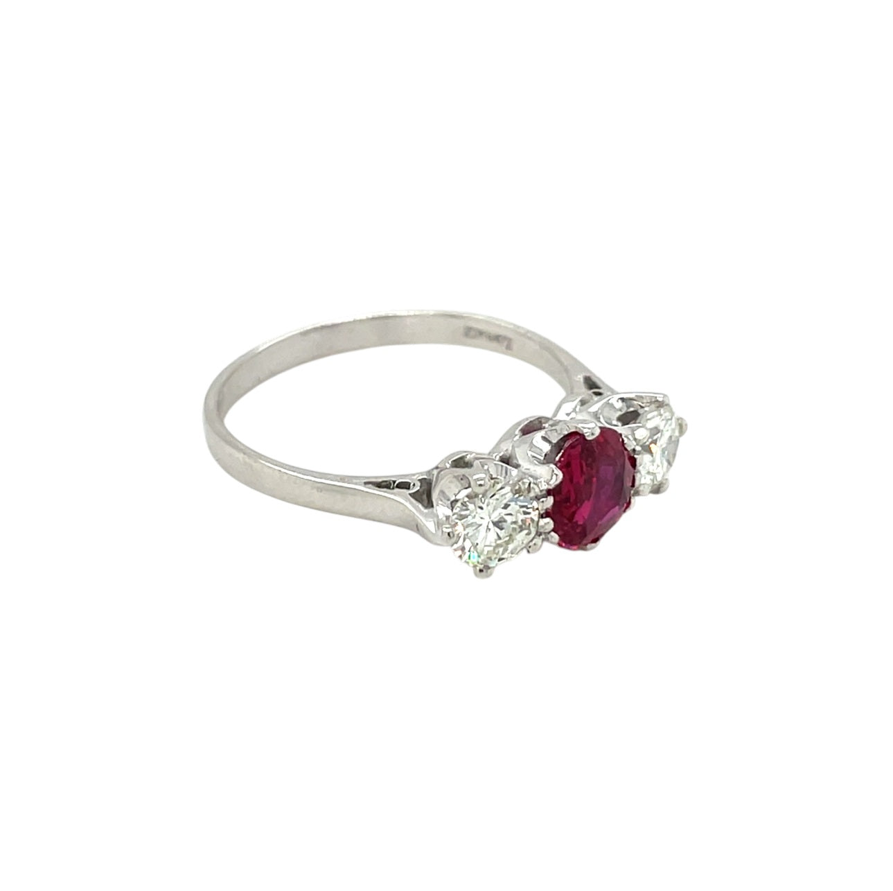 18ct White Gold Ruby & Diamond Three Stone Ring (Q)