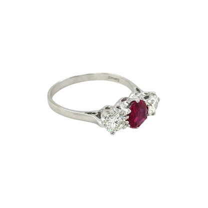 18ct White Gold Ruby & Diamond Three Stone Ring (Q)