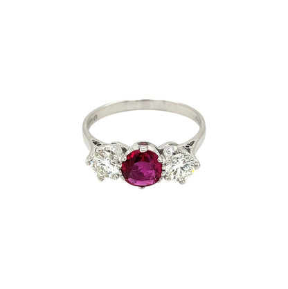 18ct White Gold Ruby & Diamond Three Stone Ring (Q)