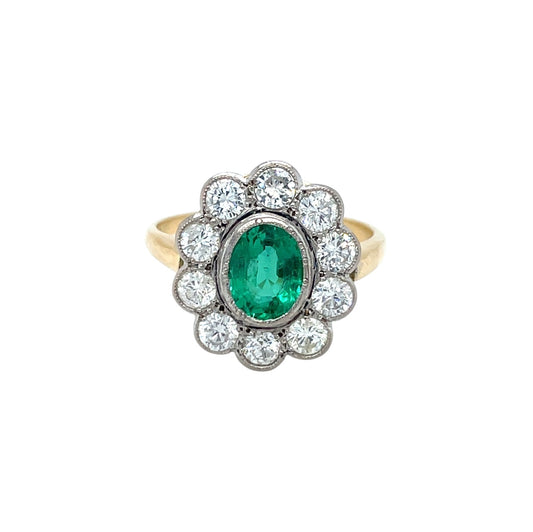 18ct Gold Emerald & Diamond Cluster Ring (T)