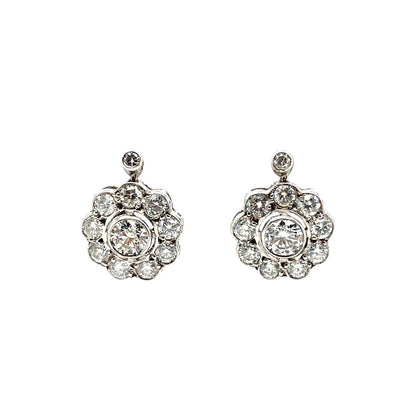 18ct White Gold Diamond Cluster Drop Earrings