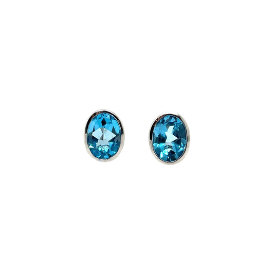 9ct White Gold Swiss Blue Topaz Rubover Stud Earrings