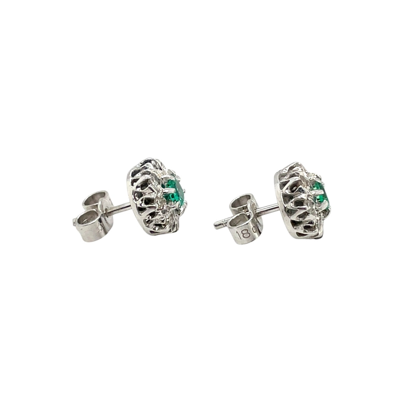 18ct White Gold Emerald & Diamond Cluster Stud Earrings