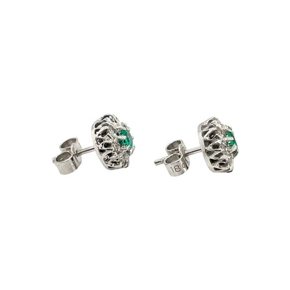 18ct White Gold Emerald & Diamond Cluster Stud Earrings