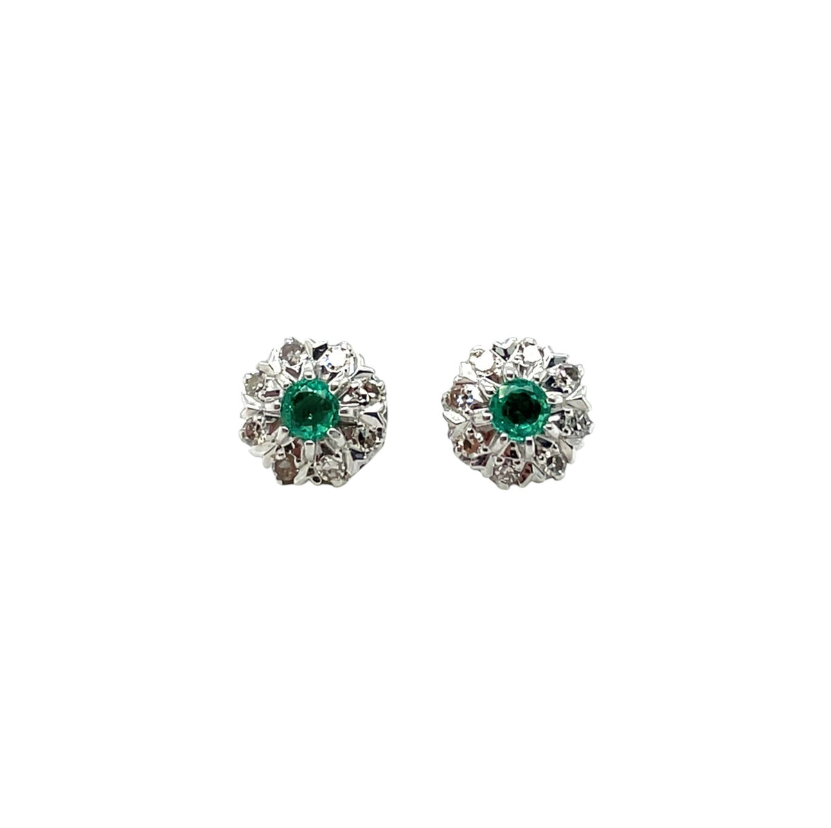 18ct White Gold Emerald & Diamond Cluster Stud Earrings