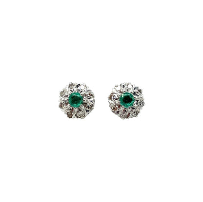 18ct White Gold Emerald & Diamond Cluster Stud Earrings