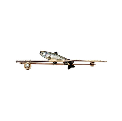 9ct Gold Silver Trout & Pearl Bar Brooch