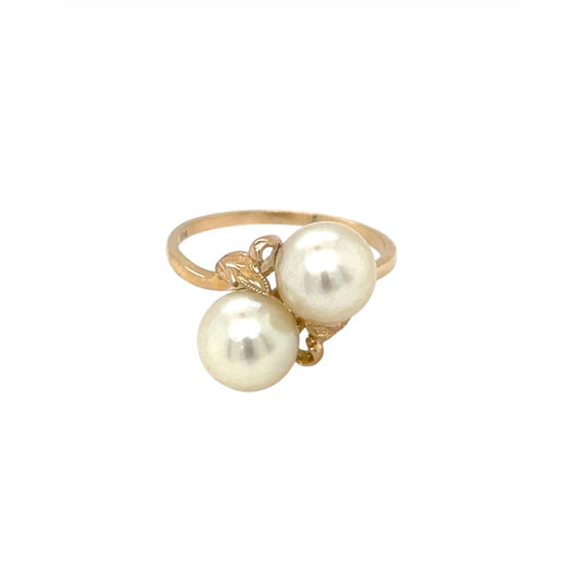14ct Yellow Gold Mikimoto Toi Et Moi Pearl Ring (N)