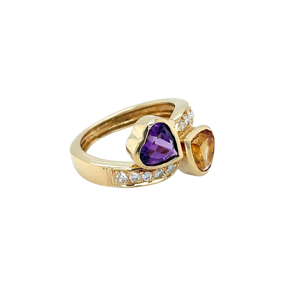18ct Yellow Gold Amethyst, Citrine & Diamond Heart Ring (M)
